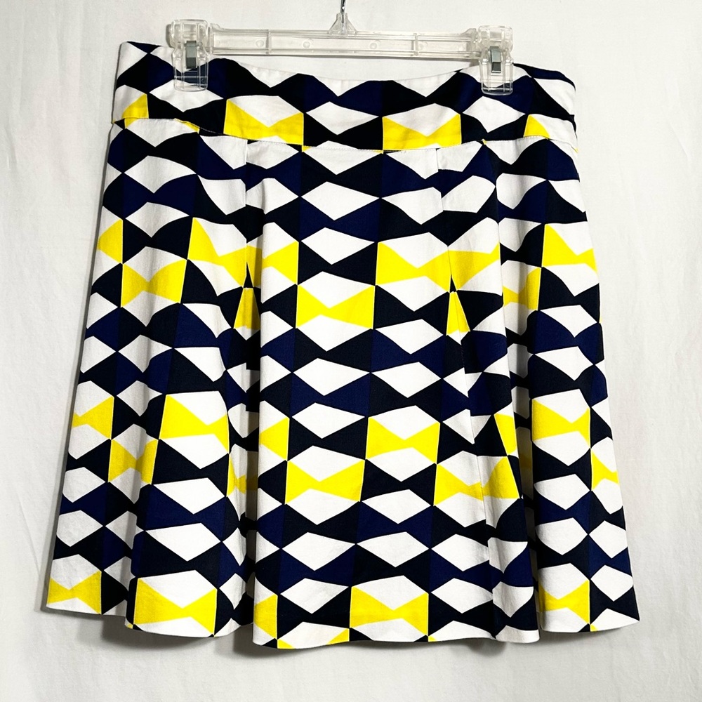 WOMENS SIZE 12 BLUE YELLOW GEOMETRIC PRINT LINED SIDE ZIP MINI SKIRT